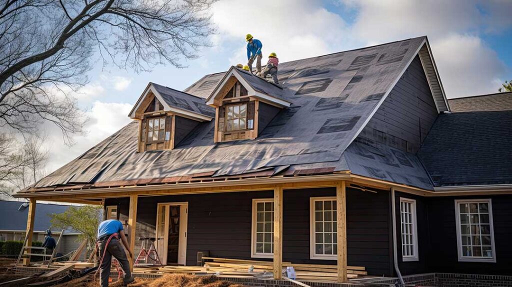 Homeowner examining roof shingles and flashing with binoculars beside a snow-dusted house.