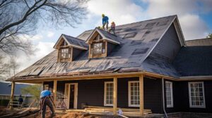 Homeowner examining roof shingles and flashing with binoculars beside a snow-dusted house.