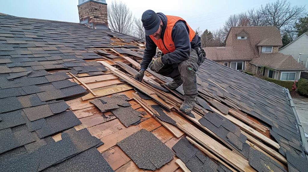 Roof leak inspection showing ceiling water stains, attic insulation, and damaged roof flashing
