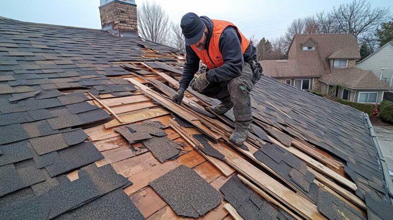 Roof leak inspection showing ceiling water stains, attic insulation, and damaged roof flashing